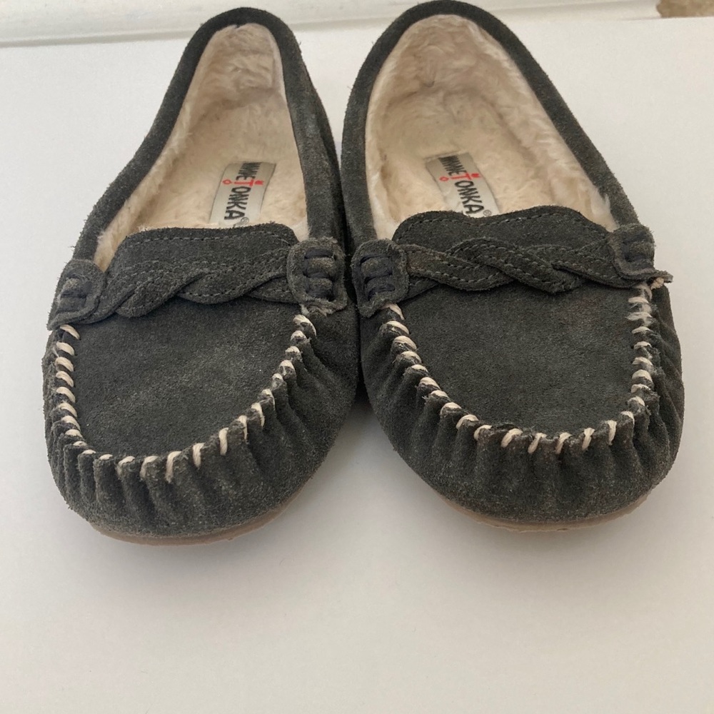 Grey furry slippers